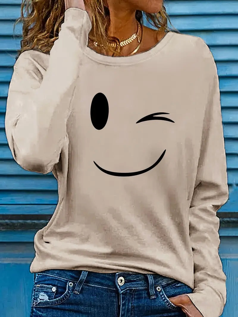 Odalina | Casual Smiley Wink Printed T-Shirt