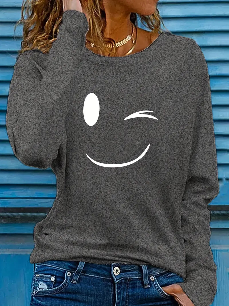 Odalina | Casual Smiley Wink Printed T-Shirt