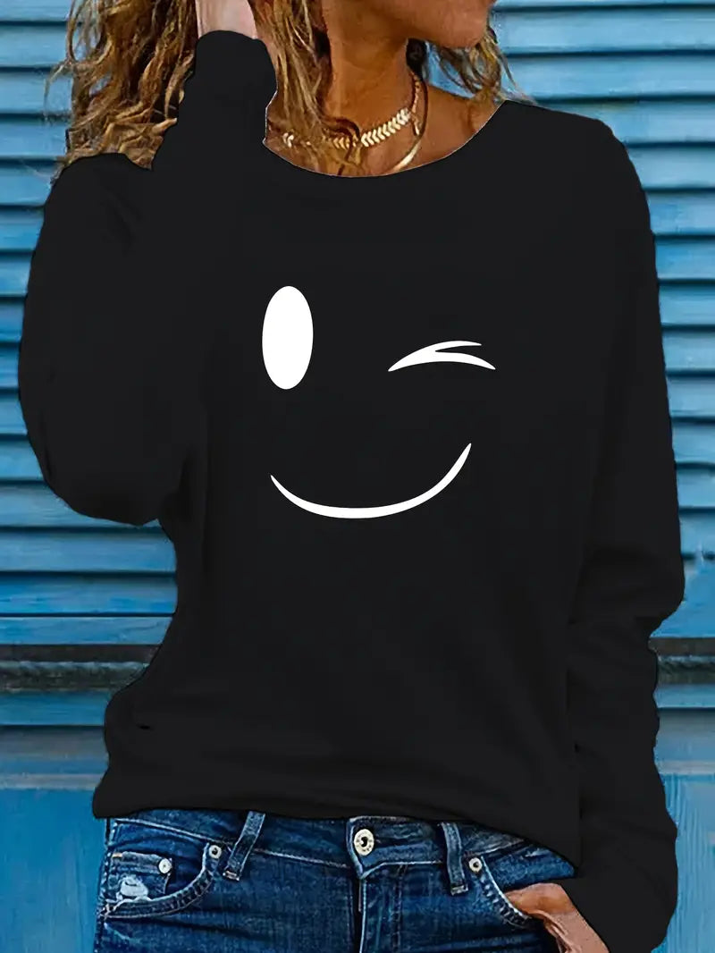 Odalina | Casual Smiley Wink Printed T-Shirt