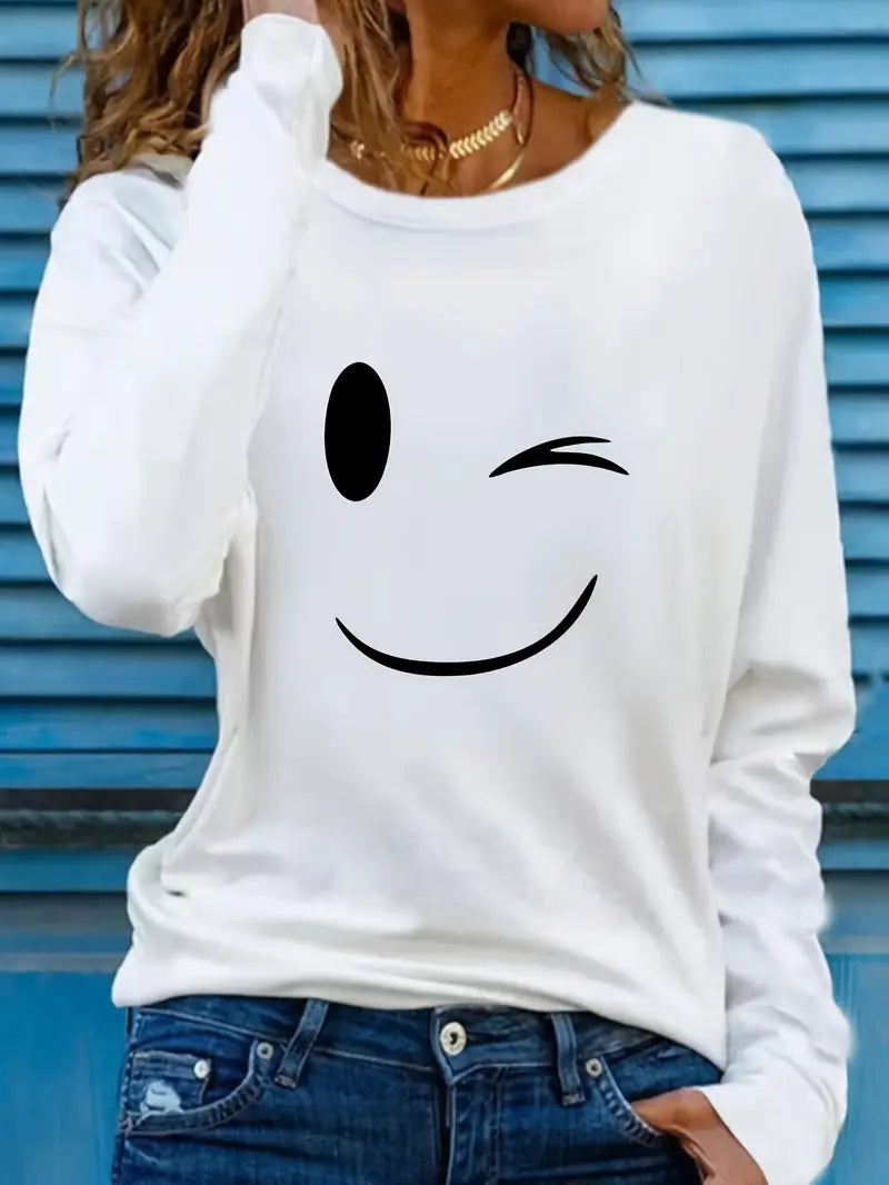 Odalina | Casual Smiley Wink Printed T-Shirt