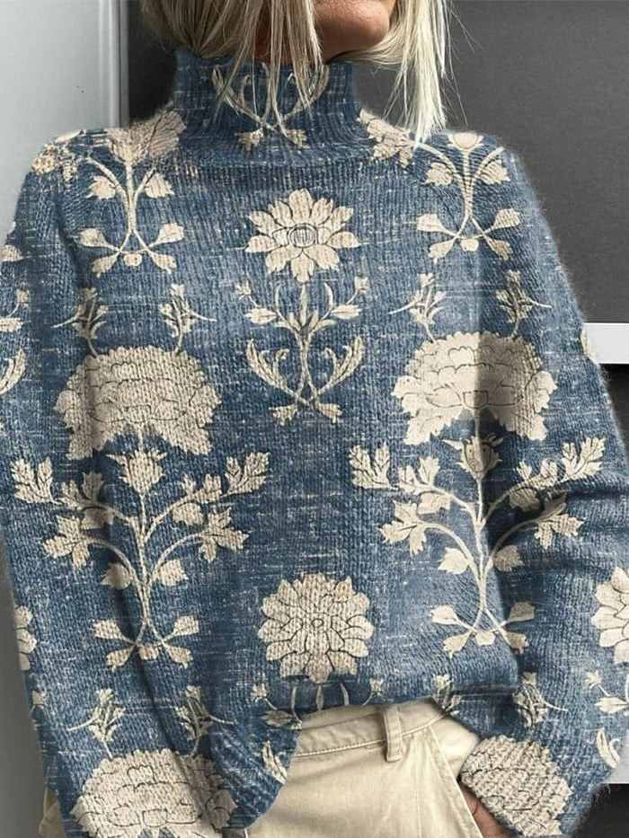 Women's Vintage Lovely Lace Floral Art Print Casual Turtleneck Top